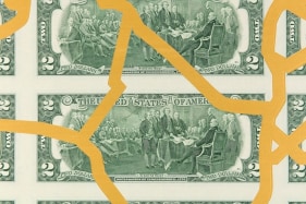 Abdullah M. I. Syed  Mapping Investment: Syria (Detail 2)  2017  Hand-cut U.S. $2 banknote sheet and banknote collage with acrylic on wasli  20.25 x 50.25 in