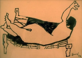 M.F. Husain MAN ON COT Marker on paper 4.5 x 6.5 in.  SOLD