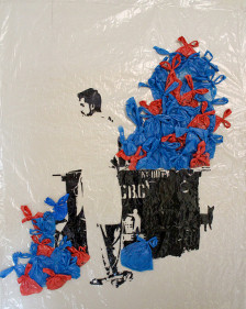 Hira Khan, Trash Duties, 2018, Screen print and polythene bags, 60 x 46 in