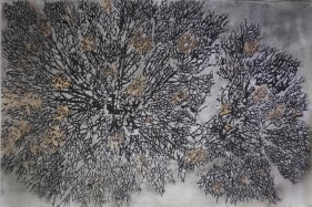 G. R. Iranna Burnt Branches 2017 Coal and gold foil on paper 58 x 84 in.