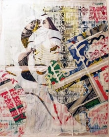 Chiraag Bhakta (*Pardon My Hindi) UNTITLED III (From the Washed Series) 2014 Slikscreen, mixed media and collage on found lithographs 40 x 29 in.