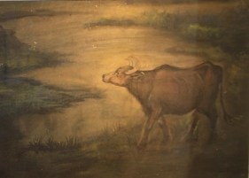 Nandalal Bose LANDSCAPE WITH COW Painting on board 20 x 28 in.