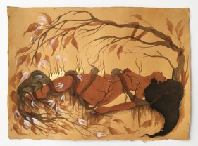 Hiba Schahbaz  Untitled  2016  Tea and watercolor on paper  22.5 x 31.5 in.