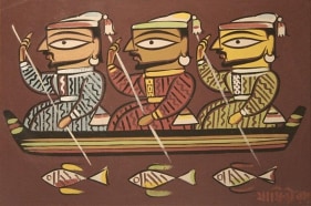 Jamini Roy THREE FISHERMEN Termpera on board 12.5 x 19 in.
