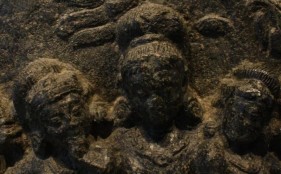 Three Seated Figures Pala Black chloritic stone c. 9th Century 12 in.