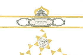 Abdullah M. I. Syed  Illuminated Prisms Manuscript II: Page 3 - Recto/Verso (Detail)  2017  Hand-cut U.S. $1 banknotes collage and 24k gold on Illustration board  39.50 x 50 in