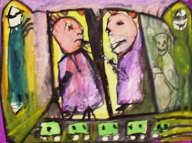 Rekha Rodwittya UNTITLED (FIVE FIGURES AND A TRAIN) Gouache on paper 12 x 16 in