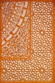 Anila Quayyum Agha  INTERSECTIONS GOLD 2016 Embroidery and encaustic on laser-cut paper. 22 x 14.5 in.