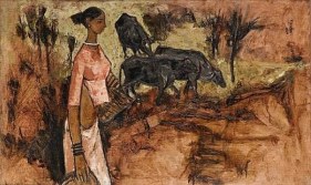 B. Prabha UNTITLED (WOMAN WITH BULLS) 1962 Oil on canvas 24 x 41 in.