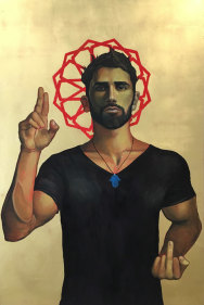 Komail Aijazuddin  Angry Icon, 2016  Oil and gold leaf on panel  36 x 24 in