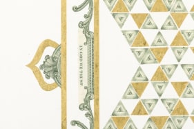 Abdullah M. I. Syed  Illuminated Prisms Manuscript I: Pg. 5 (Detail)  2017  Hand-cut U.S. $1 banknotes collage and 24k gold on Illustration board  22.75 x 15 in