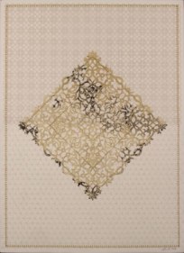 Anila Quayyum Agha Antique Lace - 4 2016 Mixed media on paper (Laser-cut patterns on paper with mylar, encaustic and embroidery) 30 x 22 in.
