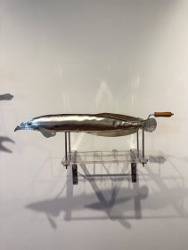 Promotesh Das Pulak, Extinct Fish 1, 2025, Steel, leather, acrylic, glass, 15 x 17 x 16 in