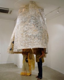 Jayashree Chakravarty UNTITLED B (SPHERE ALIEN) PAPER INSTALLATION - 6 Pieces 2008-2009 Pigment, tea stain, clay, acrylic on layered glued rice paper, tissue paper and cotton fabric Variable Dimensions NFS