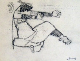M.F. Husain WOMAN MAKING BUTTER Ink on paper 4.5 x 6.5 in.  SOLD