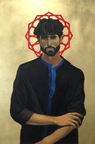 Komail Aijazuddin  Wounded Icon, 2016  Oil and gold leaf on panel  36 x 24 in