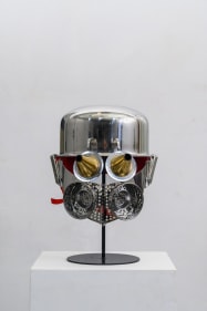 Adeela Suleman  Darkest Hour 5, 2021  Stainless steel crescent pot strainer, brass cake piping nozzles, sink drain cover, small bowls, cooking utensil  12 x 11 x 15.5 in