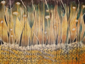 Nitin Mukul GIGER COUNTER 2014 Oil, acrylic and tea stain on canvas 36 x 48 in.