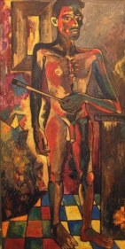 Francis Newton Souza SELF-PORTRAIT ON TILED FLOOR 1949 Oil on plywood 71 x 37 in.  NFS