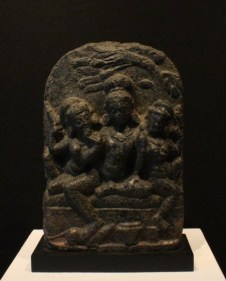 Three Seated Figures Pala Black chloritic stone c. 9th Century 12 in.