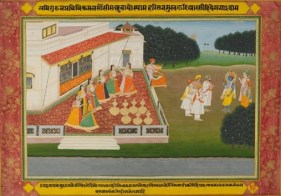 Illustration to a Rasika Priya Series: Krishna is Greeted by the Gurujans Northern India, Rajasthan, Jaipur School c. 1880 Opaque watercolor heightened with gold on wasli 10.75 x 13.25 in.