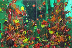 John Jurayj UNTITLED (MIRROR IMAGE, #36) Oil, enamel and gun powder on green colored plexiglass 48 x 72 in. (DIPTYCH)  NFS