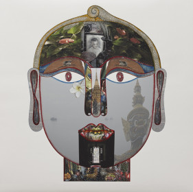 Rekha Rodwittiya Matters Of The Heart (Head II) 2013 Digital inkjet print with autobiographic photo images and hand-painted watercolor on paper 60 x 60 in.