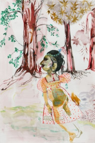 Rina Banerjee The durability of her beauty, polished fingers, her private and delicate proportions made all the city to know that she was a wonder that only nature was able to ponder 2011 Acrylic and ink on paper 22.5 x 15 in.