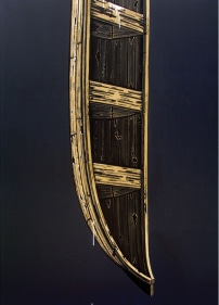 acrylic painting of a vertical gold wooden boat on a dark blue background