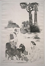 K. Laxma Goud MAN WITH GOATS AND SEATED WOMAN 1978 Etching 19 x 13 in.