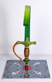 Adeela Suleman  Kar Wa Farr Series 1  2014  Hand-painted steel sword and ceramic tile  14 x 12 x 9 in.