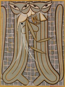 Jamini Roy UNTITLED (TWO CATS WITH SHRIMP) ND Gouache on card 21.5 x 16.5 in.