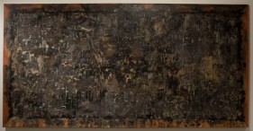Ali Raza BLACK BOARD 2008 Burnt paper collage on canvas 47.5 x 95 in.