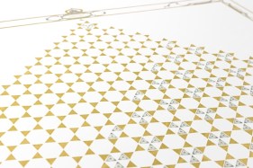 Abdullah M. I. Syed  Illuminated Prisms Manuscript II: Page 3 - Recto/Verso (Detail)  2017  Hand-cut U.S. $1 banknotes collage and 24k gold on Illustration board  39.50 x 50 in