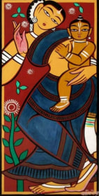 Jamini Roy MOTHER HOLDING CHILD Gouache on board 29.5 x 14.5 in.  SOLD