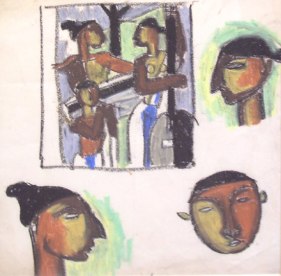 Biren De, Untitled Sketch (Three Heads), Circa 1960