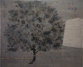 G. R. Iranna  Tree (grey), 2017  Acrylic on tarpaulin  54h x 66w in