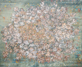 G. R. Iranna  A Song Without Sound, 2022  Acrylic and silver foil on canvas  54h x 66w in