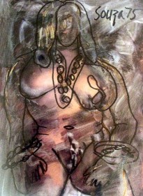 F.N. Souza UNTITLED - FRONTAL NUDE 1975 Marker, Chemical on Paper 11 x 8.5 in.