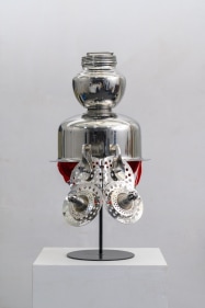 Adeela Suleman  Darkest Hour 4, 2021  Stainless steel cake piping nozzles, sink drain cover, bathroom drain cover, cooking utensil jar, spoons, padded with foam and rexine  17 x 11 x 16 in