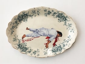 Adeela Suleman   Untitled (Serving Dish - 3)   2017  Found Vintage Ceramic Plate with Enamel Paint and Hardener    11 x 15 in.