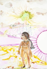 Rina Banerjee She fell out of Eve's tree, then did dazzled me, dressed so dangerously, a mix of Indian and Atlantic seas stretched her modernity to tackle this culture of forgetting uncertainties, escaped an exotic tragedy, muddling all humanity... 2011 Acrylic, ink and gold leaf on paper 22.5 x 15 in.