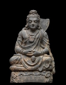Maitreya Ancient Region of Gandhara Grey schist with traces of stucco c. 2nd Century 16.5 in.