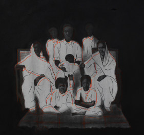 Razin Rubin, Smile Please, 2018, Graphite, carbon paper and fabric paint on mount board, 16 x 19 in