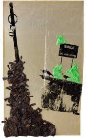 Hira Khan, Emotional Baggage, 2018, Screen print and polythene bags, 67 x 38 in