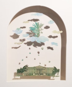 Abdullah M. I. Syed  Heavenly Offerings - I (Assembly Series), 2016  Hand-cut 10 and 20 UAE Dirham banknotes and U.S. $50 and $100 bills in shadow-box  10.75h x 12.50w in