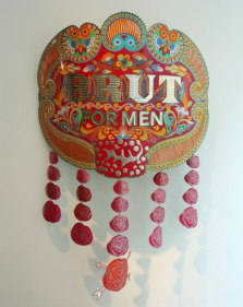 Abdullah M. I. Syed Brut for Men: Rose (English Version) 2013 Hand-beaten and chamak patti (hand stickered ornamentation) metal medallion, wood and stainless steel 59 x 46 in.