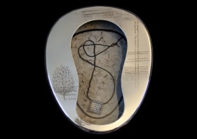 Mujtaba Asif, Untitled - 1 (Human Being Series), 2018, Laser engraving, enamel paint, paper, nylon and cotton thread, resin and saffron on bed pan, 13.50 x 10.50 x 4 in