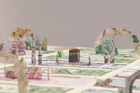 Abdullah M. I. Syed  Moneyscape V: Temenos (Detail)  2017  Hand-cut and assembled various uncirculated banknotes in custom light-box vitrine  22 x 22 x 10 in