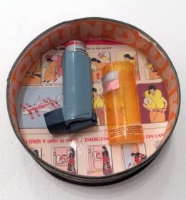 Himanshu Suri &amp; Chiraag Bhakta UNTITED (TIN SERIES 3) 2010-15 Antique Indian tin and mixed media Dia: 6&quot;